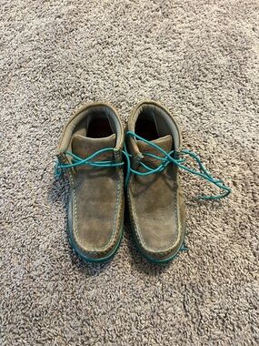 Twisted X Taupe Suede Moccasins with Teal Accents